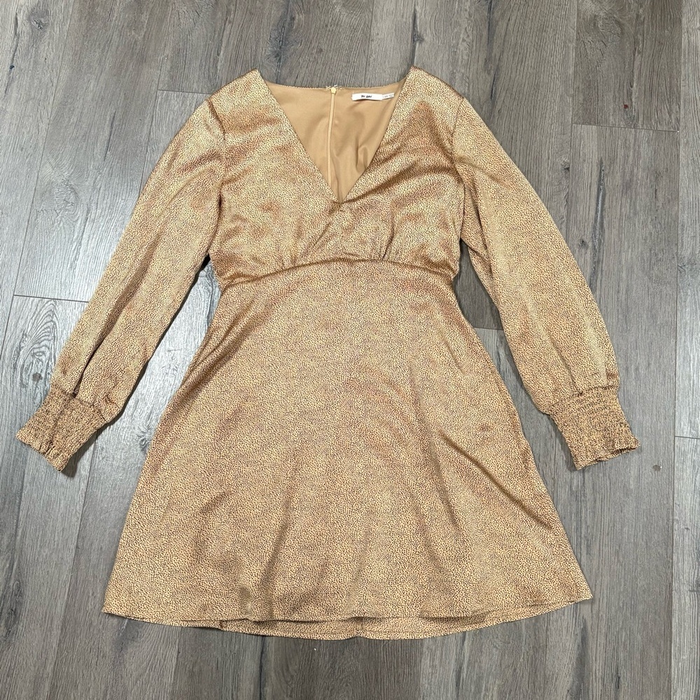 Mi Ami Golf Tan Dot Print Long Sleeve Mini Dress XS Lined V-Neck Long Sleeve